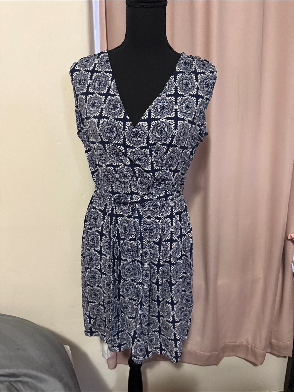 Banana Republic Navy and White Printed Wrap-Style Tie Dress